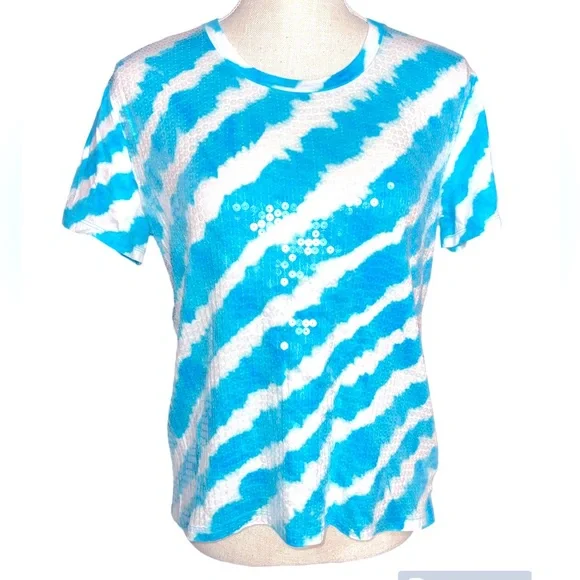 Michael by Michael Kors Teal & White Sequin Front Shirt - Picture 1 of 7